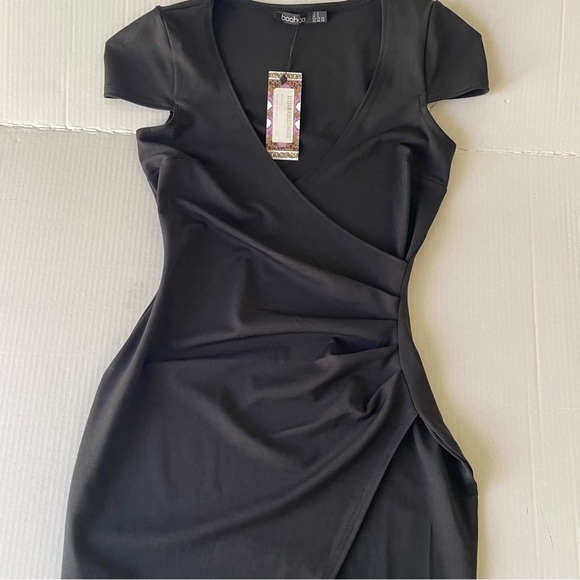 Boohoo Black Asymmetrical Wrap Dress Rushed Waist Little Black Dress Cap Sleeves - Picture 5 of 16